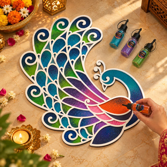 Kanak Mayur Rangoli Template Set – Large Peacock Design with Ring & Lotus Motifs (81 cm)