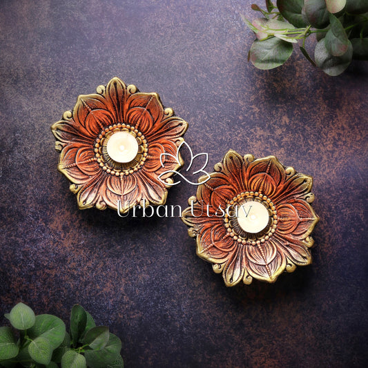 Large carved Lotus Diya - Set of 2