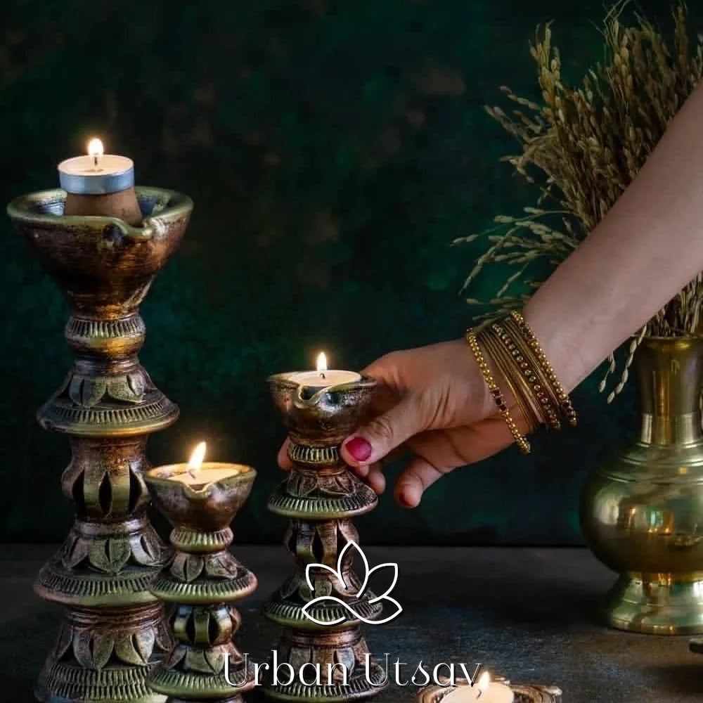 Terracotta Diya/Candle - Stand Set of 3