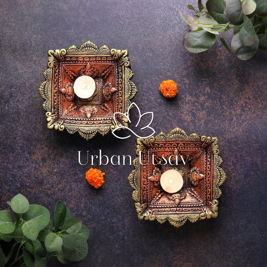 Large carved Charmukhi Diya - Set of 2