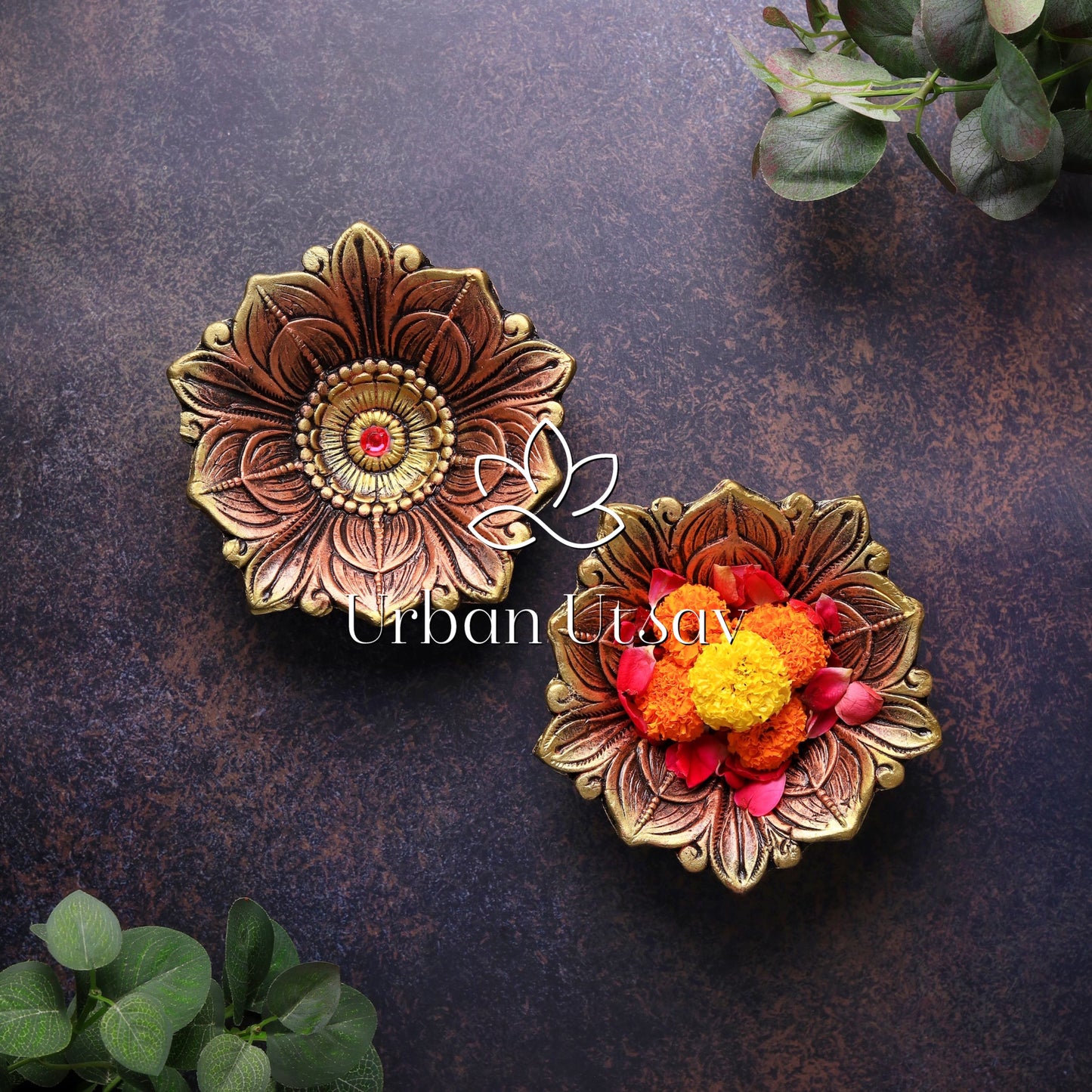 Large carved Lotus Diya - Set of 2