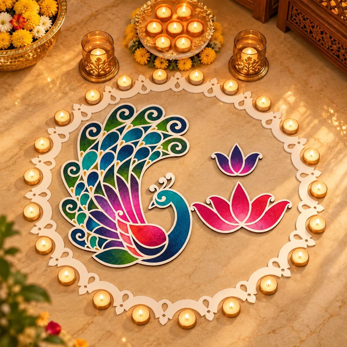 Kanak Mayur Rangoli Template Set – Large Peacock Design with Ring & Lotus Motifs (81 cm)