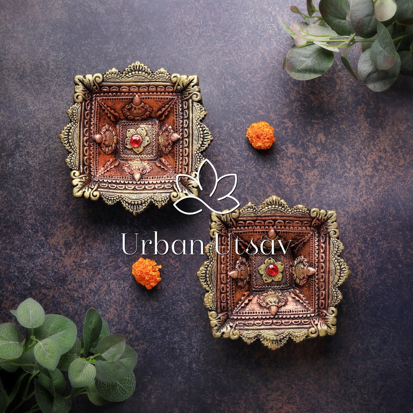 Large carved Charmukhi Diya - Set of 2