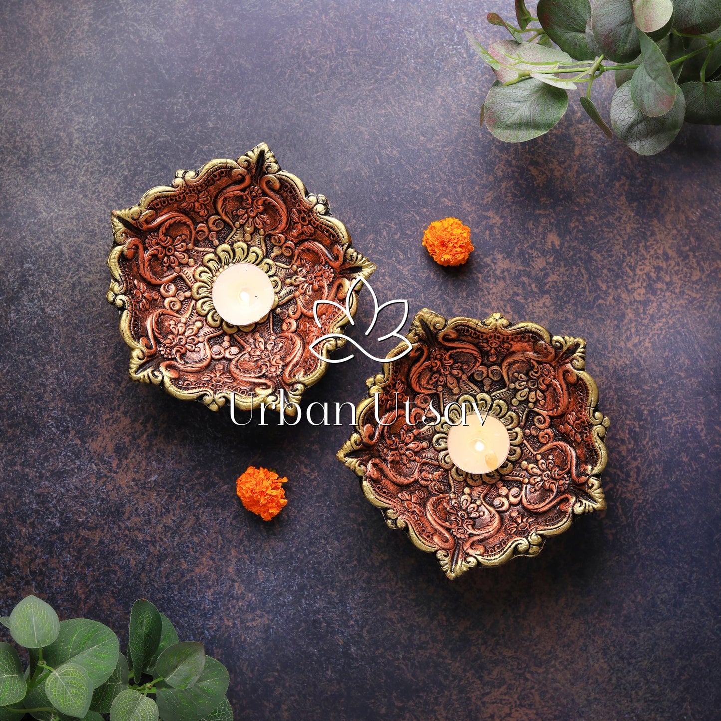 Large carved Panchmukhi Diya - Set Of 2