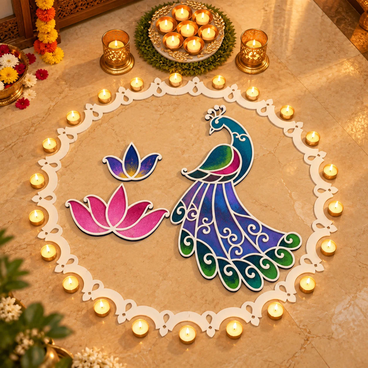 Varn Mayur Rangoli Template Set – Classic Peacock Design with Ring & Lotus Motifs (81 cm)