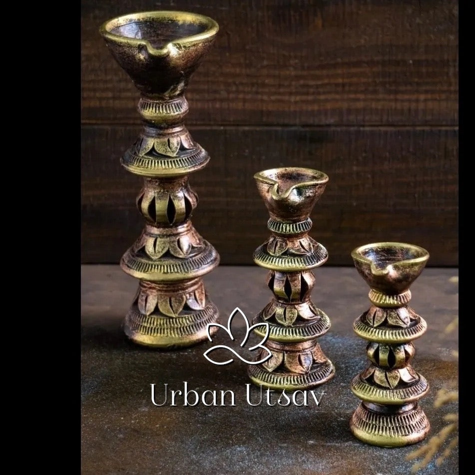 Terracotta Diya/Candle - Stand Set of 3