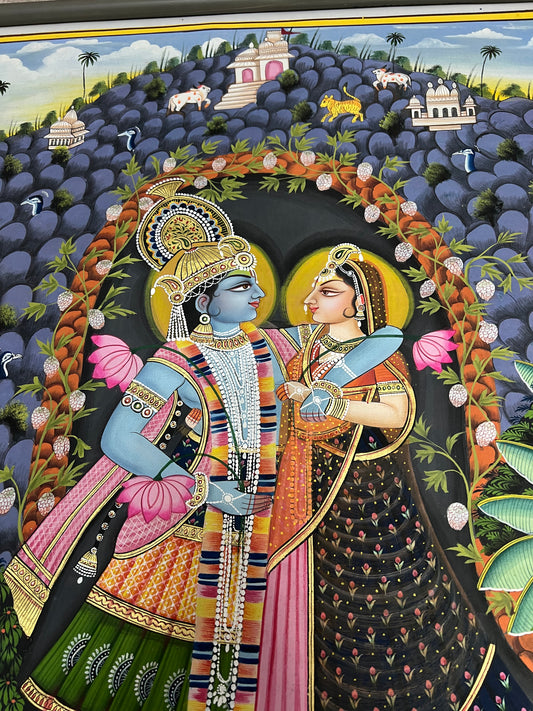 Handpainted Pichwai of Radha-Krishna with Govardhan Parvat | Original Artwork with 24kt Gold Leaf (60 x 90 cm)