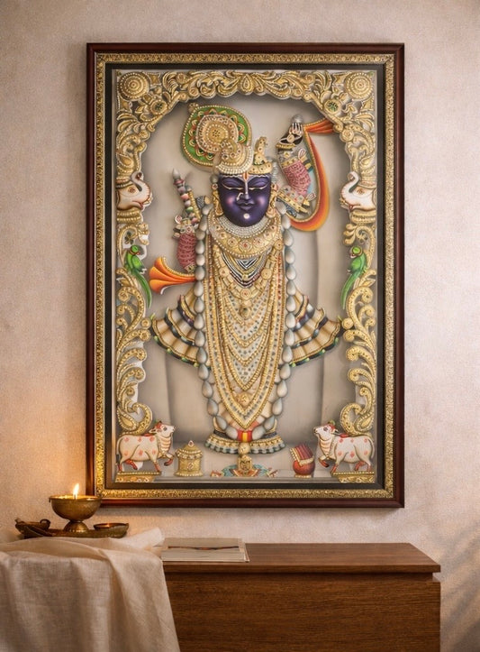 Large 3D Nathdwara Rajbhog Shreenathji (Shrinathji) Handcrafted Artwork – 24kt Gold Leaf & Swarovski Crystal Embellished (24”x36”)