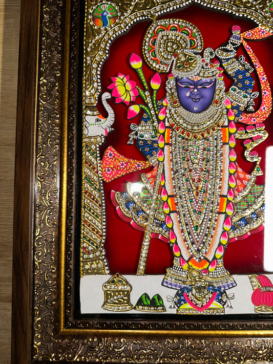 Shreenathji Cut-Out Wooden Artwork – Hand-Painted with 24kt Gold Leaf & Swarovski Crystals (14 x 18 Inches)