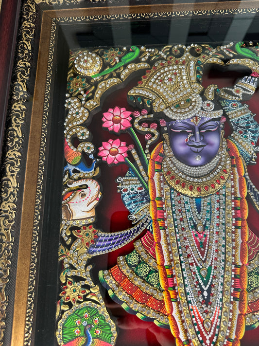 3D Rajbhog Shreenathji Artwork – Handcrafted with 24kt Gold Leaf & Swarovski Crystals (16 x 20 x 3 Inches)