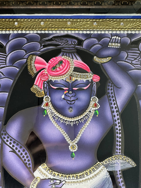 Shreenathji Mangla Swaroop – Traditional Hand-Painted Artwork (24x36") | Pushtimarg Style | Gold Leaf & Crystal Detailing