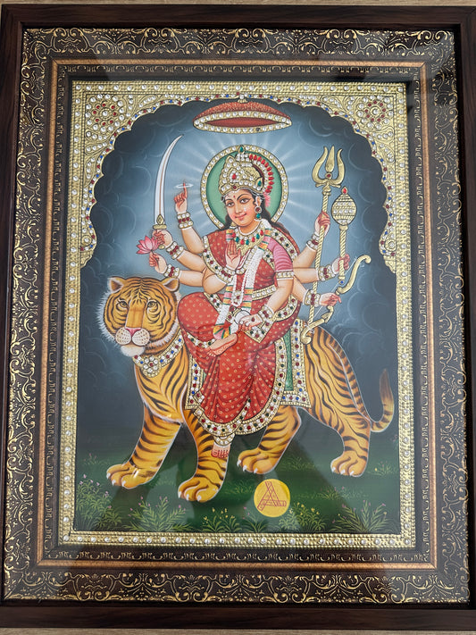 Large handpainted Ambe Maa Durga Maa artwork with 24kt gold leaf and Swarovski crystals framed devotional wall art