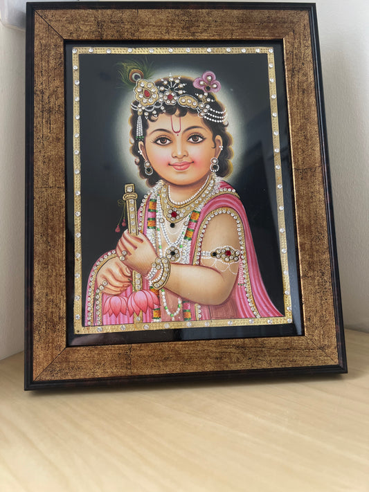 Baby Krishna devotional artwork framed for home mandir or spiritual décor
