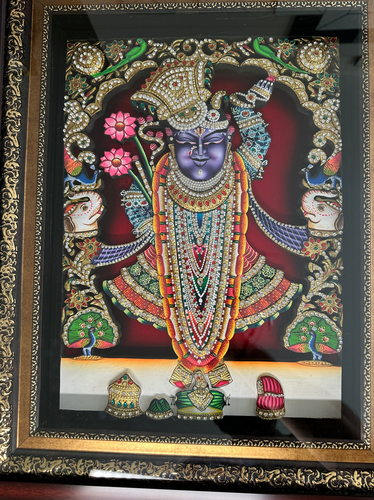 Close-up of Shreenathji 3D artwork with Swarovski crystal embellishments