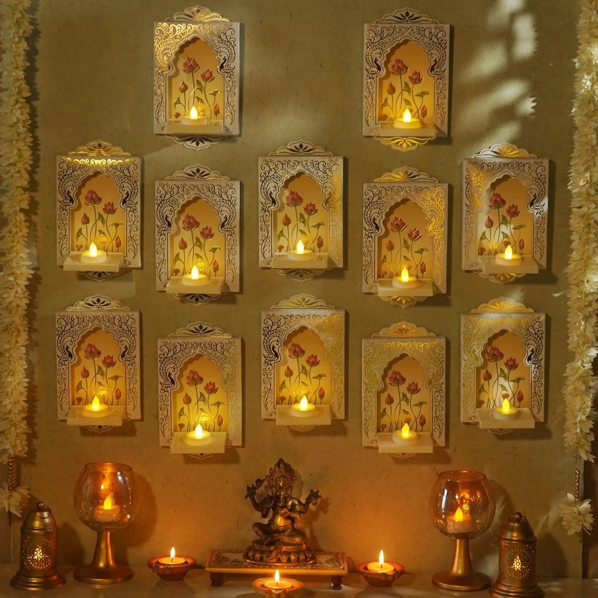 Deep Mandapam, Shwet – Royal Jharokha Wall Decor Boxes - Set of 12