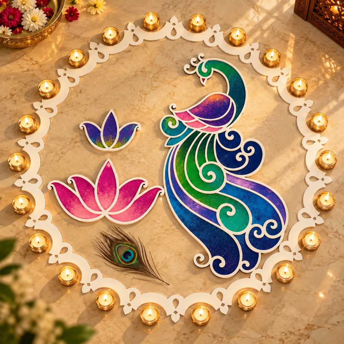 Kundan Mayur Rangoli Template Set – Regal Peacock Design with Ring & Lotus Motifs (81 cm)