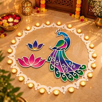 Varn Mayur Rangoli Template Set – Classic Peacock Design with Ring & Lotus Motifs (81 cm)