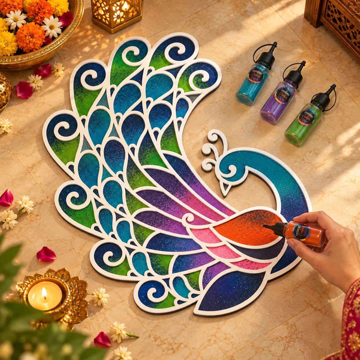 Kanak Mayur Rangoli Template Set – Large Peacock Design with Ring & Lotus Motifs (81 cm)