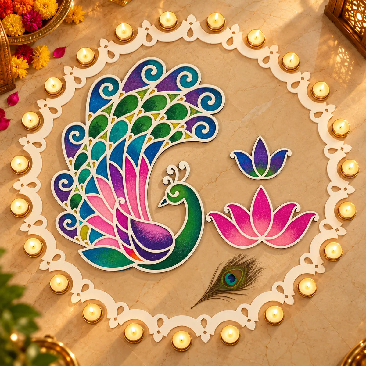 Kanak Mayur Rangoli Template Set – Large Peacock Design with Ring & Lotus Motifs (81 cm)