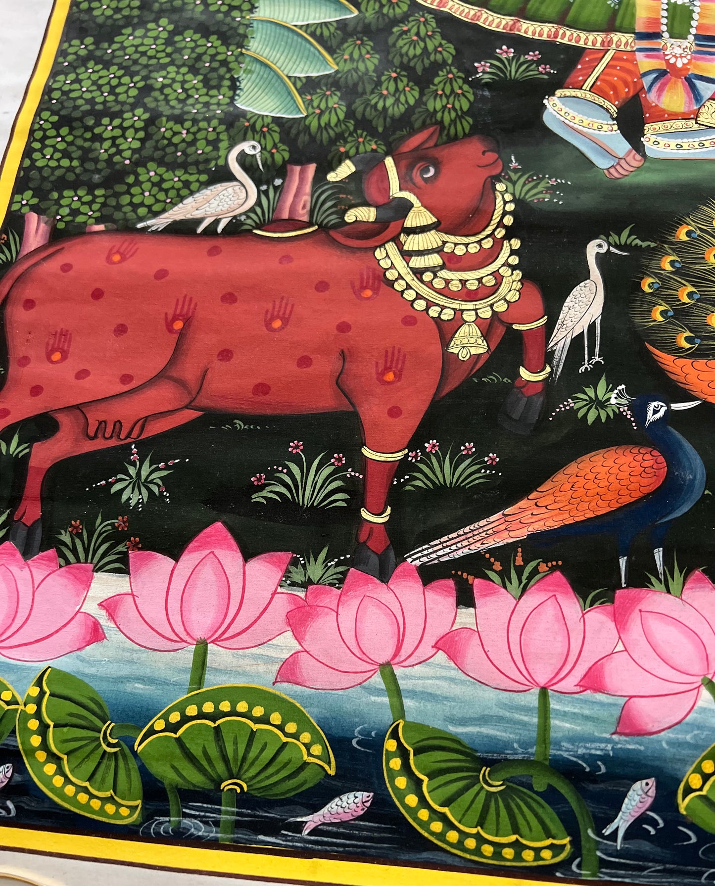 Handpainted Pichwai of Radha-Krishna with Govardhan Parvat | Original Artwork with 24kt Gold Leaf (60 x 90 cm)
