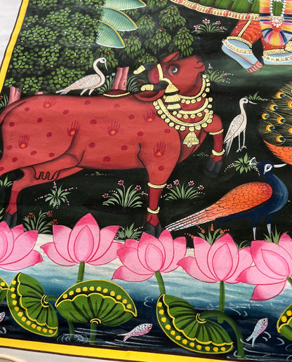 Handpainted Pichwai of Radha-Krishna with Govardhan Parvat | Original Artwork with 24kt Gold Leaf (60 x 90 cm)