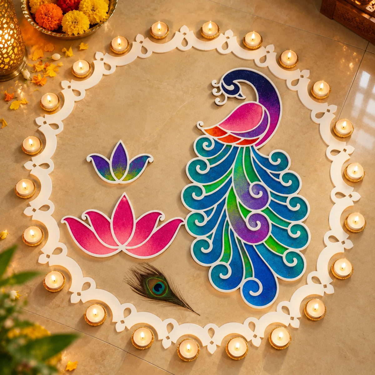 Amber Mayur Rangoli Template Set – Peacock Design with Ring & Lotus Motifs (81 cm)