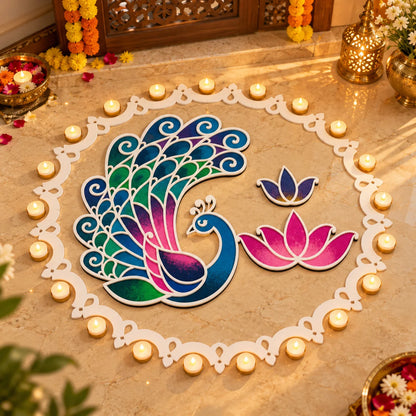 Kanak Mayur Rangoli Template Set – Large Peacock Design with Ring & Lotus Motifs (81 cm)