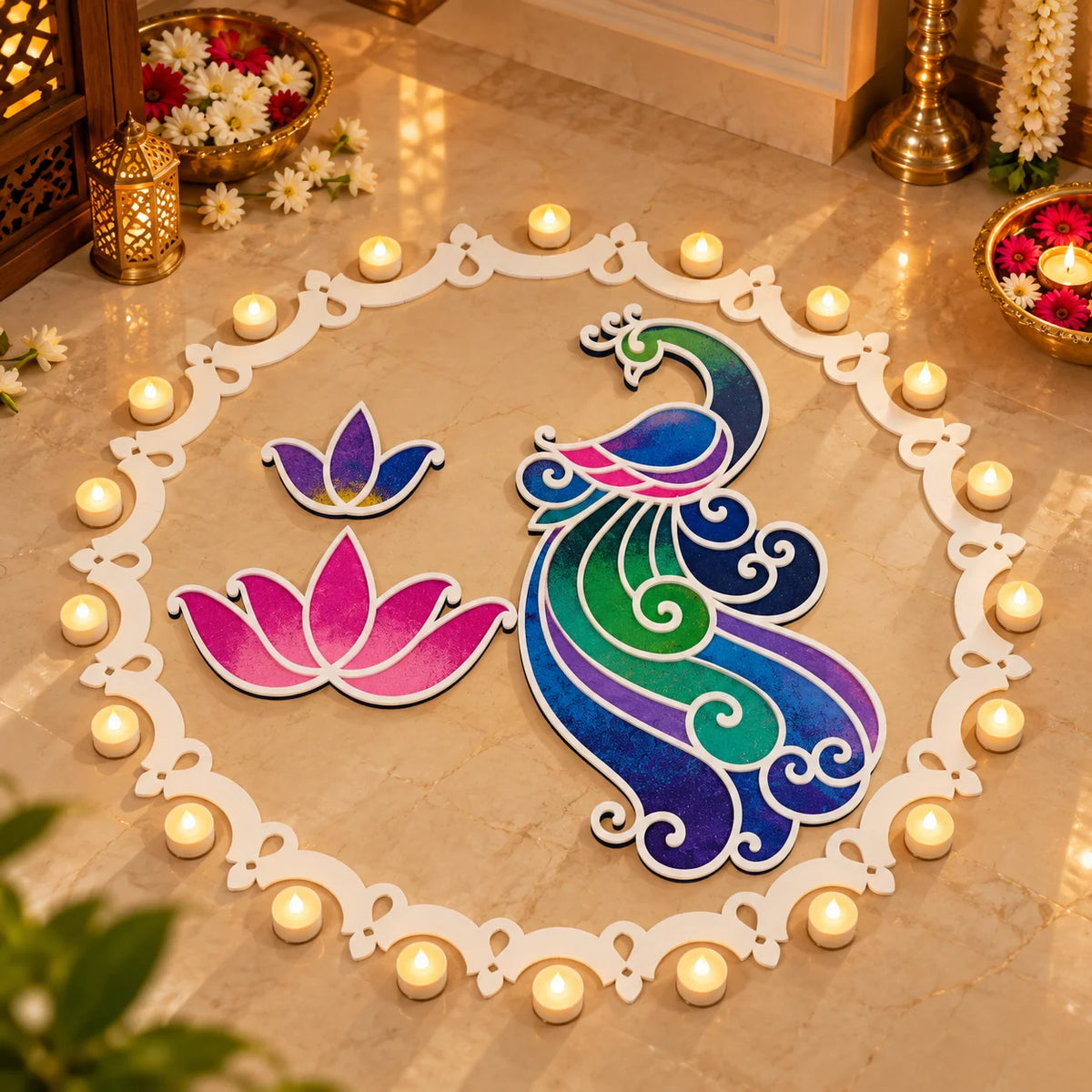 Kundan Mayur Rangoli Template Set – Regal Peacock Design with Ring & Lotus Motifs (81 cm)