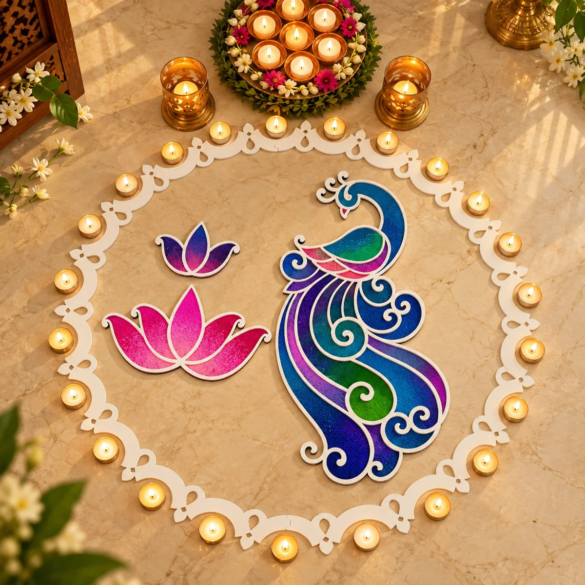 Kundan Mayur Rangoli Template Set – Regal Peacock Design with Ring & Lotus Motifs (81 cm)