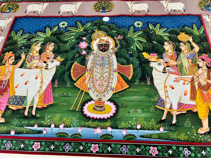 Handpainted Pichwai of Shreenathji with Devotees | Original Cotton Canvas Artwork (55 x 85 cm)