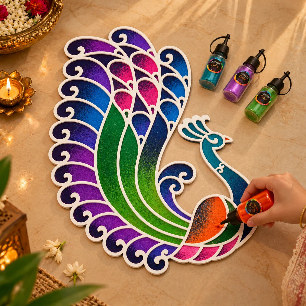 Swarn Mayur Rangoli Template – Reusable Peacock Rangoli Design for Festive Home Décor