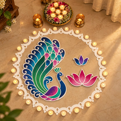 Swarn Mayur Rangoli Template – Reusable Peacock Rangoli Design for Festive Home Décor