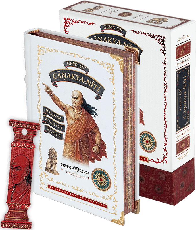 Decorative book titled 'Gems of Canakya Niti' with a box on a white background