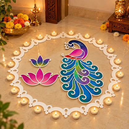 Amber Mayur Rangoli Template Set – Peacock Design with Ring & Lotus Motifs (81 cm)