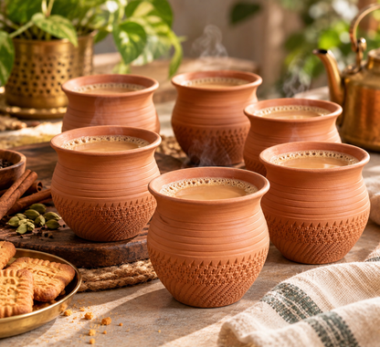 Patterned Terracotta Chai Kulhad Cups – Boxed Set of 6