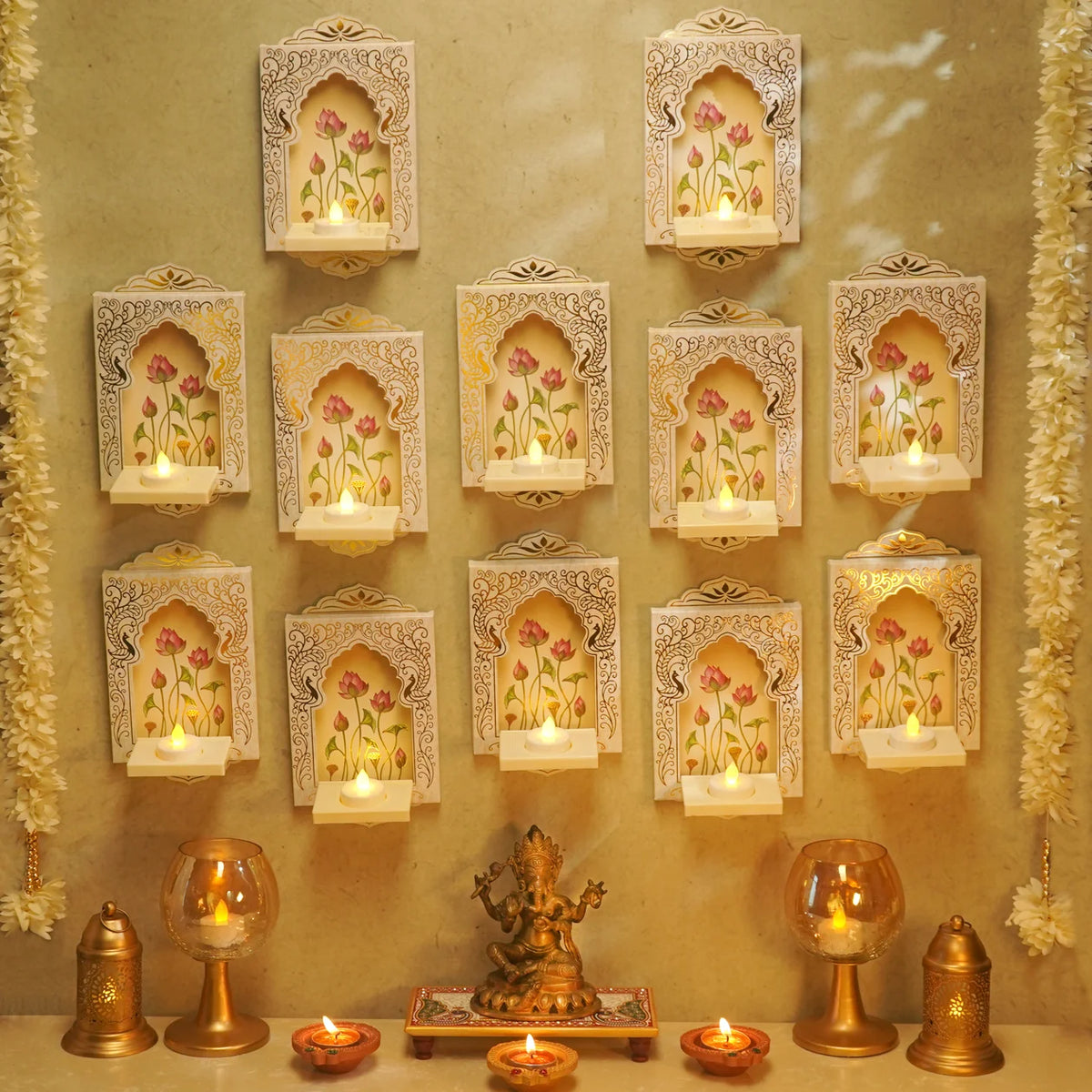 Deep Mandapam, Shwet – Royal Jharokha Wall Decor Boxes - Set of 12