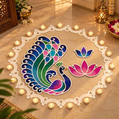 Swarn Mayur Rangoli Template – Reusable Peacock Rangoli Design for Festive Home Décor