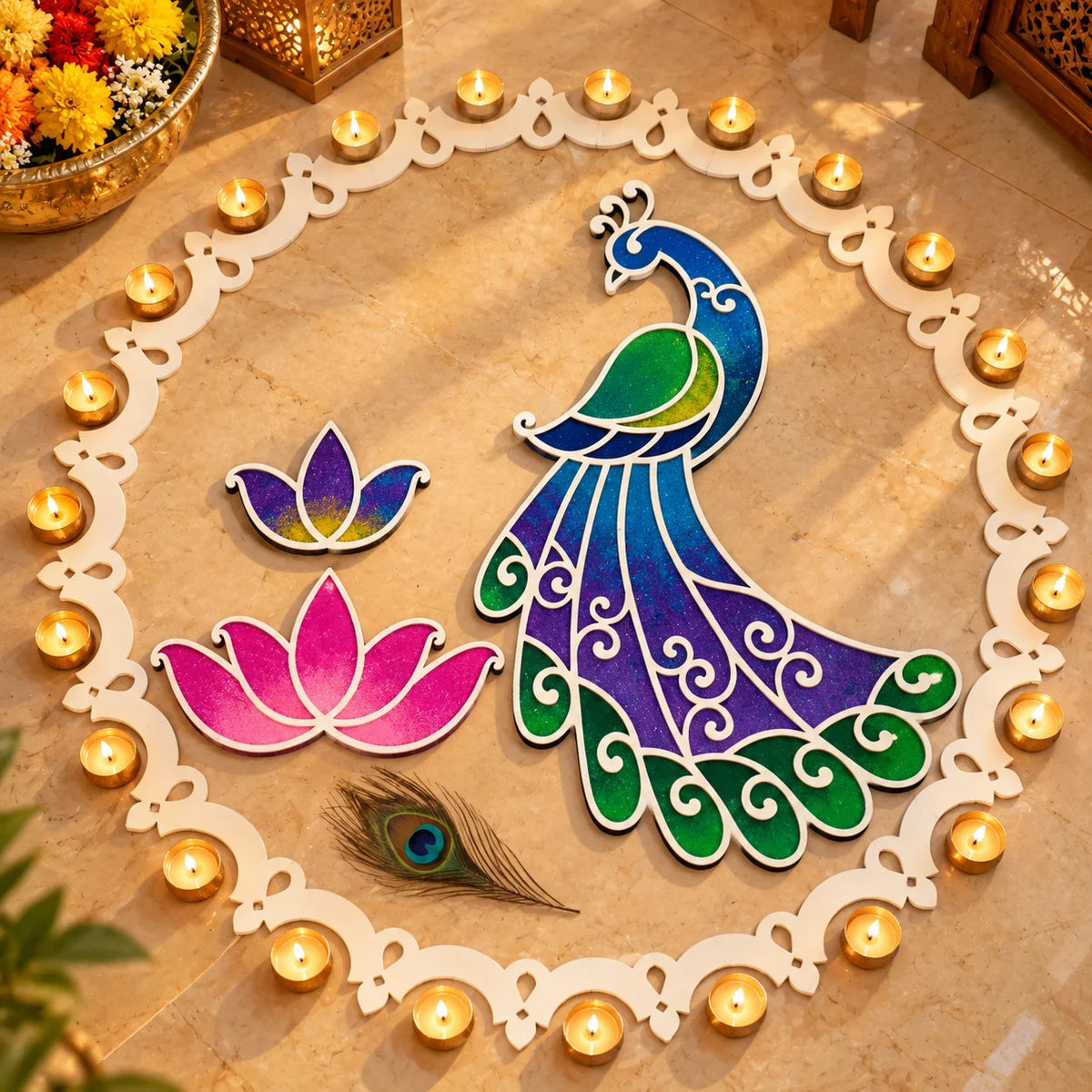 Varn Mayur Rangoli Template Set – Classic Peacock Design with Ring & Lotus Motifs (81 cm)