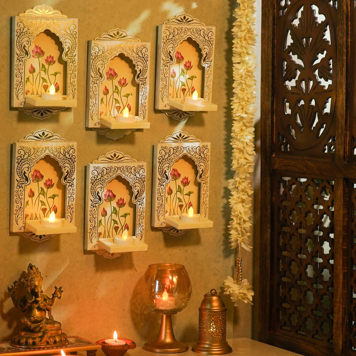 Deep Mandapam, Shwet – Royal Jharokha Wall Decor Boxes - Set of 12