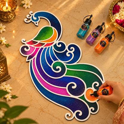 Kundan Mayur Rangoli Template Set – Regal Peacock Design with Ring & Lotus Motifs (81 cm)