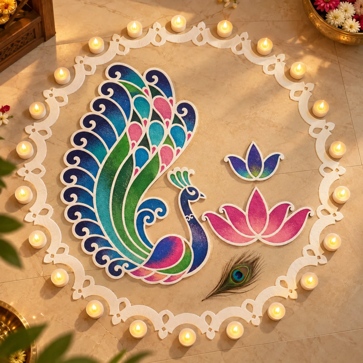 Swarn Mayur Rangoli Template – Reusable Peacock Rangoli Design for Festive Home Décor