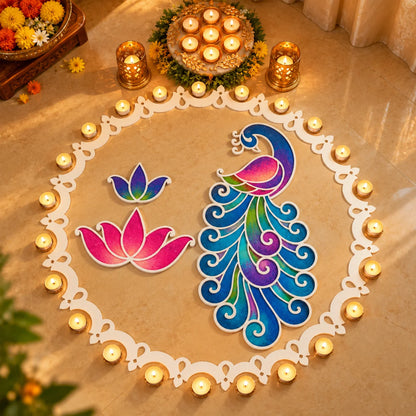 Amber Mayur Rangoli Template Set – Peacock Design with Ring & Lotus Motifs (81 cm)