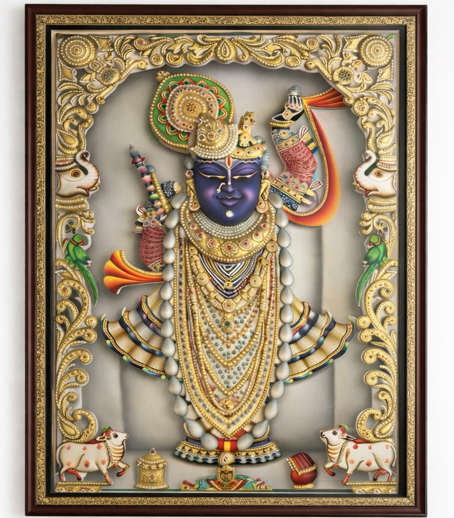 Large 3D Nathdwara Rajbhog Shreenathji (Shrinathji) Handcrafted Artwork – 24kt Gold Leaf & Swarovski Crystal Embellished (24”x36”)