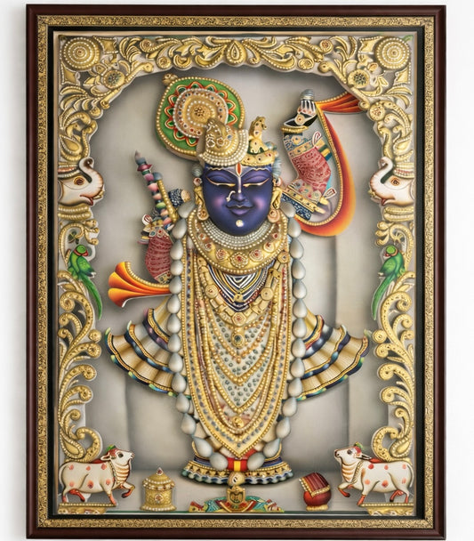 Large 3D Nathdwara Rajbhog Shreenathji (Shrinathji) Handcrafted Artwork – 24kt Gold Leaf & Swarovski Crystal Embellished (24”x36”)