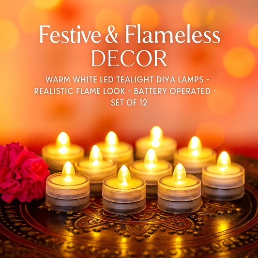 Warm White/Yellow LED Tealight Diya Lamps – Realistic Flame Look – Battery Operated – Set of 12 – Perfect for Diwali, Navratri & Festive Décor