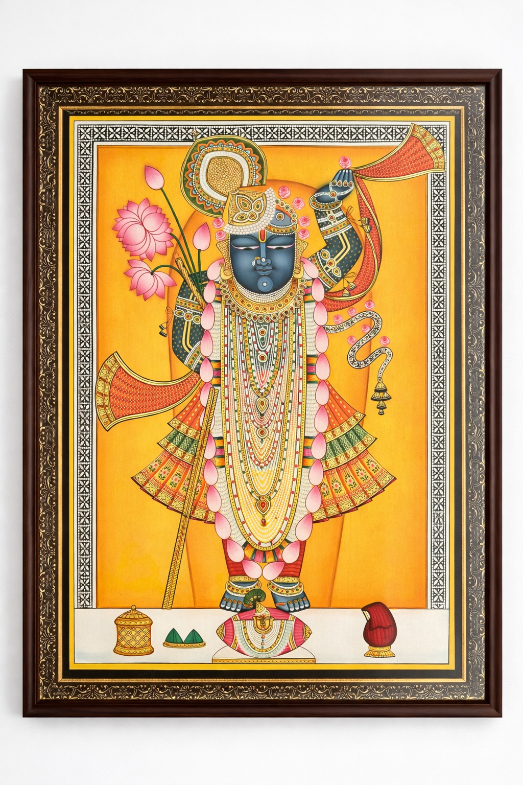 Shreenathji (Shrinathji) Handpainted Pichwai Artwork – Gold Detailing (22” x 28” Framed)
