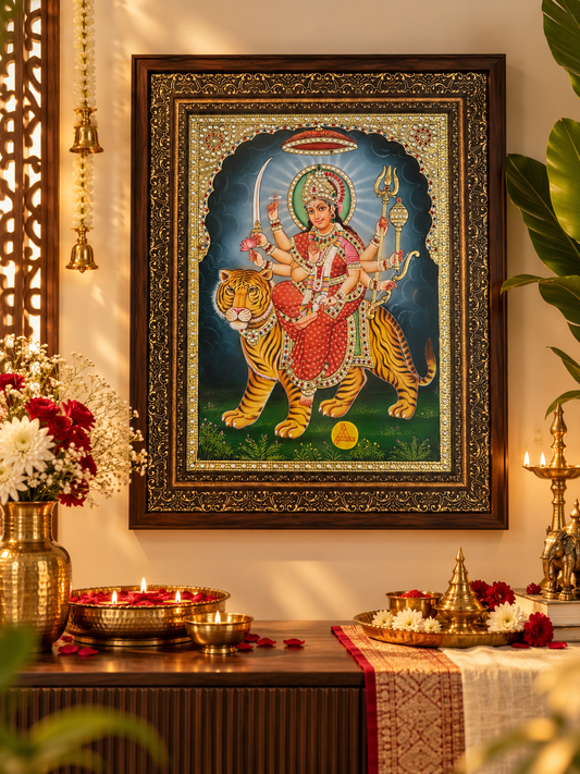 Ambe Maa Handpainted Artwork – Large 24kt Gold Leaf & Swarovski Crystal Embellished (22” x 28”)