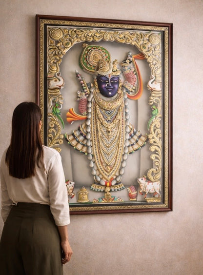 Large 3D Nathdwara Rajbhog Shreenathji (Shrinathji) Handcrafted Artwork – 24kt Gold Leaf & Swarovski Crystal Embellished (24”x36”)