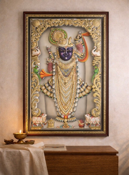 Large 3D Nathdwara Rajbhog Shreenathji (Shrinathji) Handcrafted Artwork – 24kt Gold Leaf & Swarovski Crystal Embellished (24”x36”)