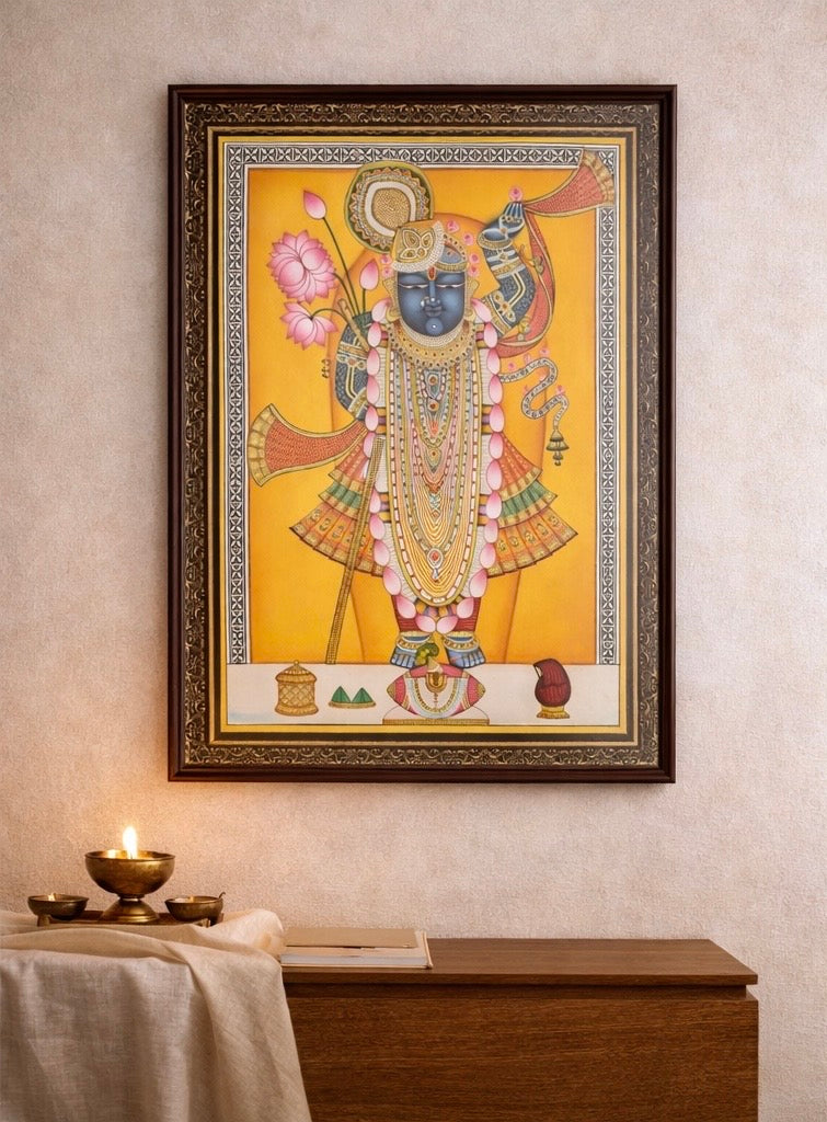 Shreenathji (Shrinathji) Handpainted Pichwai Artwork – Gold Detailing (22” x 28” Framed)
